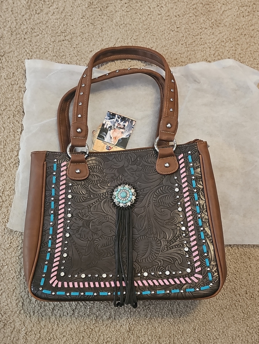 Brown Tooled Tote with Turquoise and Pink Accents